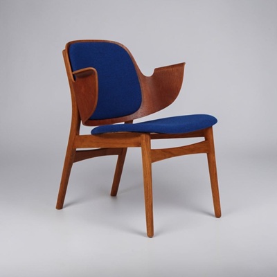 Hans Olsen Armchair with blue wool upholstered cushions
