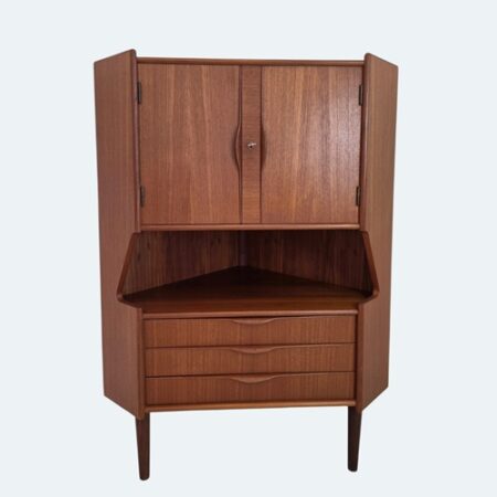 Vintage Danish teak corner cabinet with hidden home bar, mirrored interior, storage shelf and drawers, Scandinavian modern furniture
