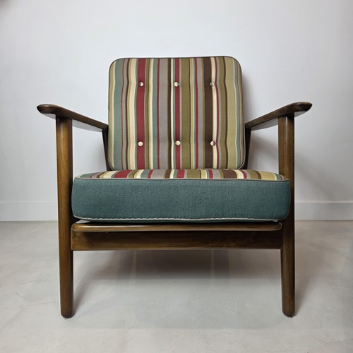 Authentic Hans Wegner GE233 easy chair with original multicoloured striped box cushions, sculpted solid timber frame, and classic Danish Modern design