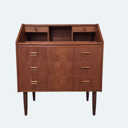 Mid‑century Danish teak secretary dresser with three lower drawers, tapered legs, and an upper storage section featuring small drawers and open compartments