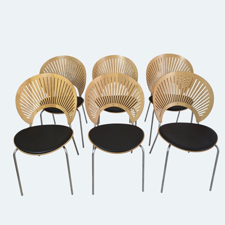 Set of six Nanna Ditzel Trinidad dining chairs with black leather upholstered seats and perforated timber backrests