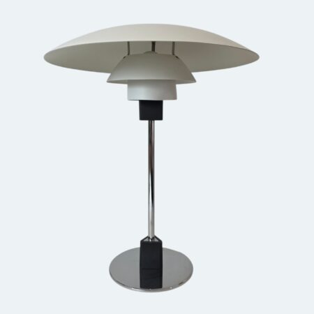 Vintage PH 4/3 table lamp by Poul Henningsen for Louis Poulsen, Denmark, featuring iconic three-shade design and white lacquered metal finish