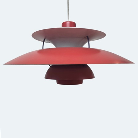 Red PH 5 pendant lamp by Poul Henningsen for Louis Poulsen featuring the iconic multi-shade Danish modern design