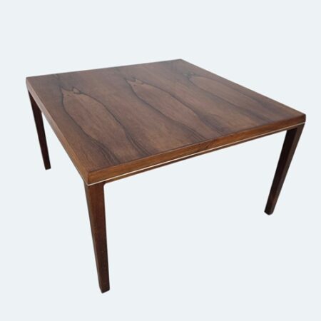 A square Danish mid-century rosewood coffee table with amazing wood grain structure